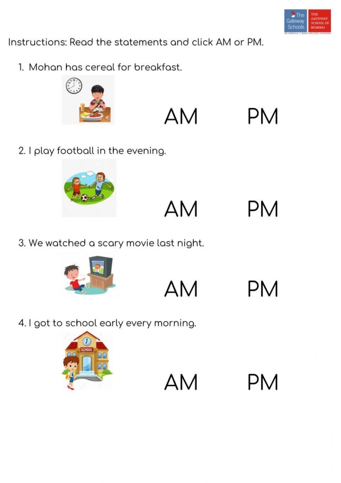 Second grade math worksheet featuring clock faces for practicing AM and PM time telling