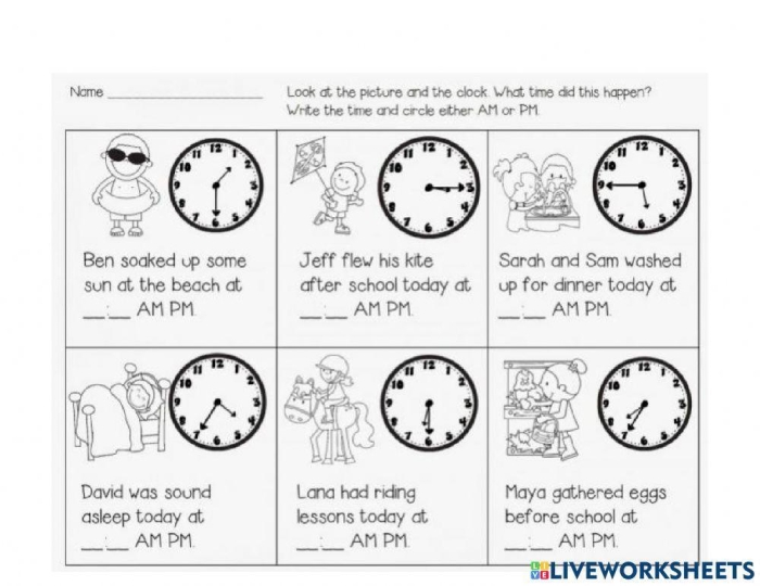 Second grade student worksheet for practicing analog clock reading and identifying AM or PM time intervals