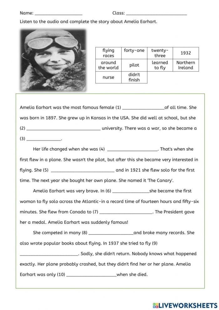 Amelia Earhart Algebra Worksheet for Second Grade Students Part 2 Second grade math worksheet featuring a short biography and algebra problems about Amelia Earhart