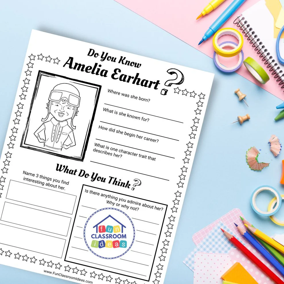 Amelia Earhart Biography Worksheet Algebra Lesson 16 Second grade math worksheet featuring a portrait of aviator Amelia Earhart for algebra practice
