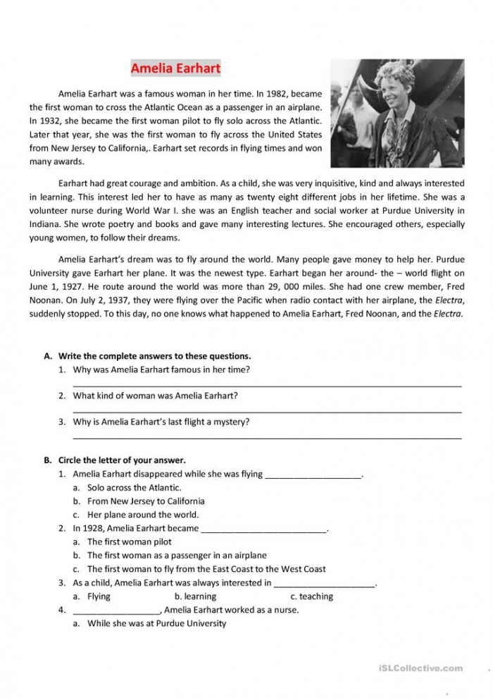 Amelia Earhart Biography Worksheet for Second Grade Algebra 11 Second grade algebra worksheet featuring a biography and facts about Amelia Earhart