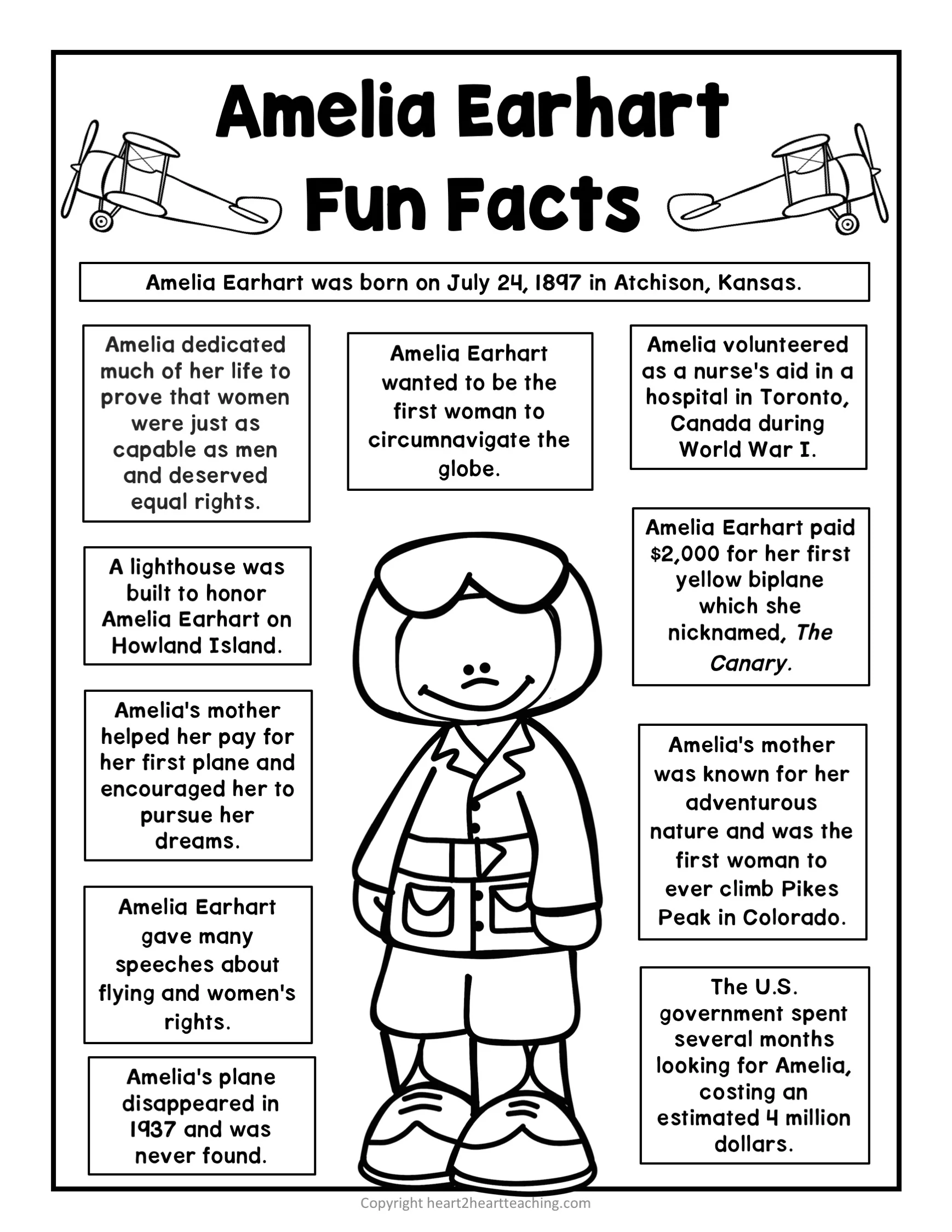 Amelia Earhart Algebra Worksheet 3 for Grade 2 Students Amelia Earhart biography worksheet for second grade math practice