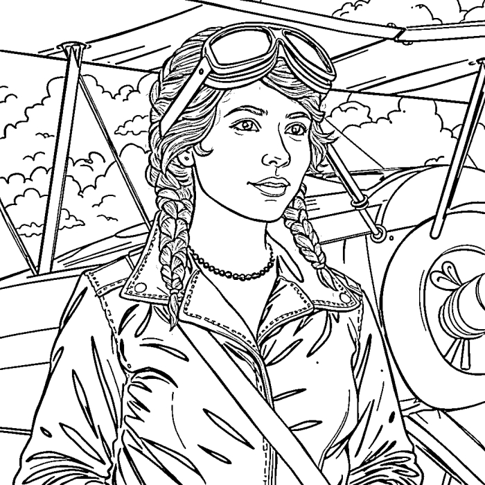 Coloring page featuring Amelia Earhart, a pioneer in aviation and women's history Amelia Earhart coloring page worksheet for Pre-K phonics learning