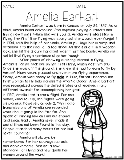 Engaging reading activity about Amelia Earhart for young learners Amelia Earhart Reading Response worksheet for second graders focusing on comprehension skills