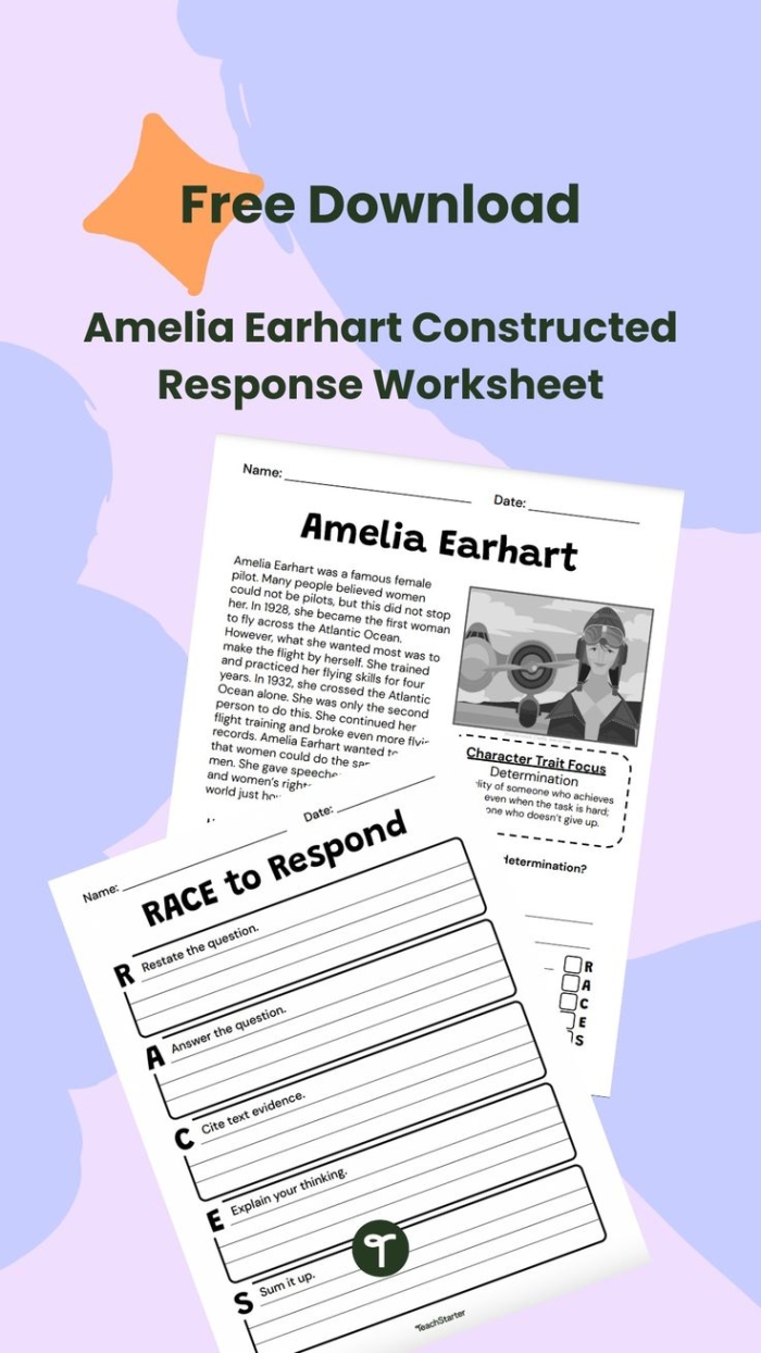 Worksheet featuring Amelia Earhart to enhance reading response activities for young learners Amelia Earhart Reading Response worksheet for second graders focusing on comprehension skills