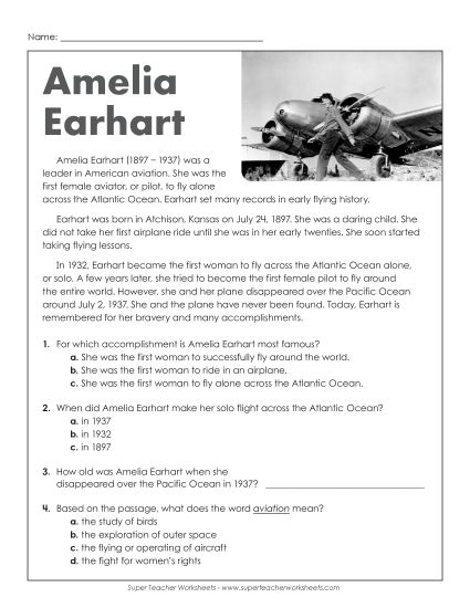 Engaging worksheet about Amelia Earhart for young readers' learning activities Amelia Earhart Reading Response worksheet for second graders focusing on comprehension skills