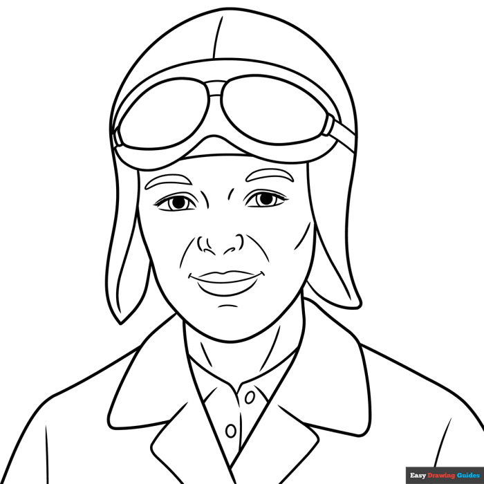 Coloring activity featuring Amelia Earhart, a pioneer in aviation and women's rights Amelia Earhart coloring page worksheet for Pre-K students focusing on phonics