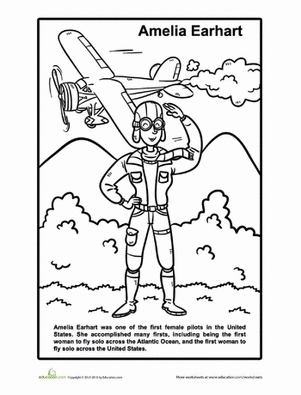 Explore the life of aviator Amelia Earhart with this fun coloring activity Amelia Earhart coloring page worksheet for Pre-K phonics students