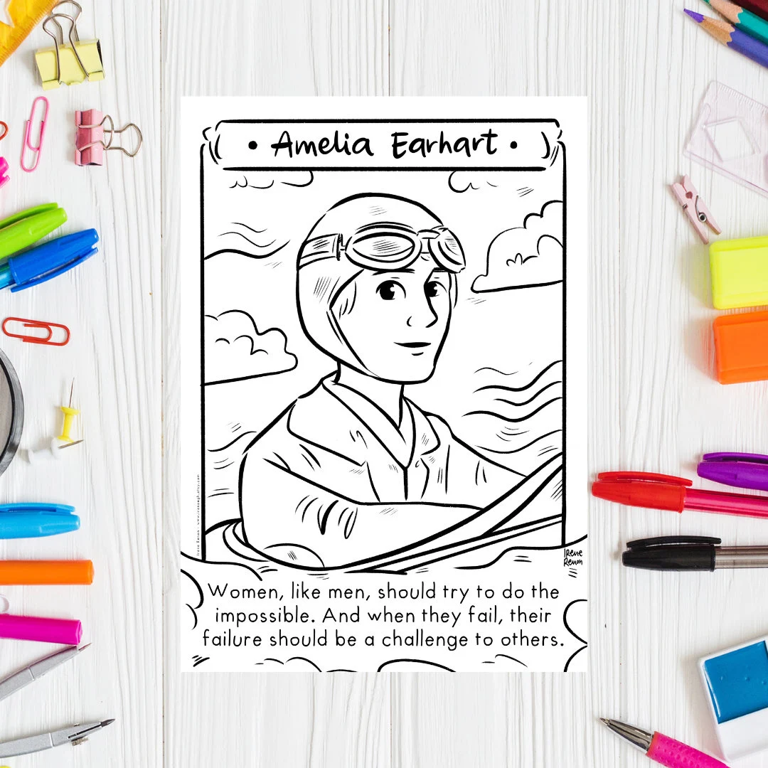 Coloring activity featuring Amelia Earhart, a pioneering woman in aviation Amelia Earhart coloring page worksheet designed for Pre-K phonics students