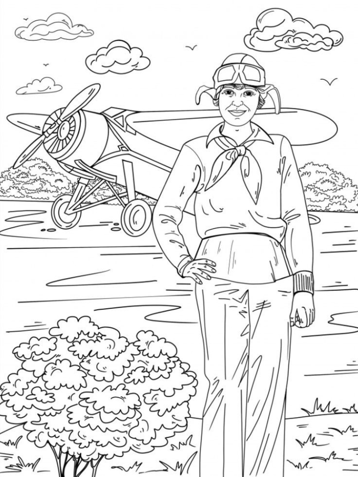 Explore the legacy of Amelia Earhart with this fun educational coloring page Amelia Earhart coloring page worksheet for Pre-K phonics activities