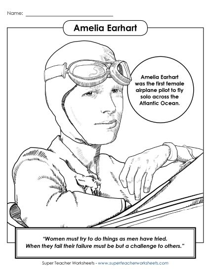 Engaging worksheet featuring Amelia Earhart, a pioneering female aviator Amelia Earhart coloring page worksheet for Pre-K phonics students
