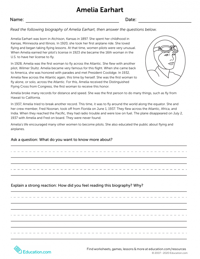 Engaging Amelia Earhart worksheet to enhance reading skills for young learners Amelia Earhart Reading Response worksheet for second graders focusing on reading comprehension