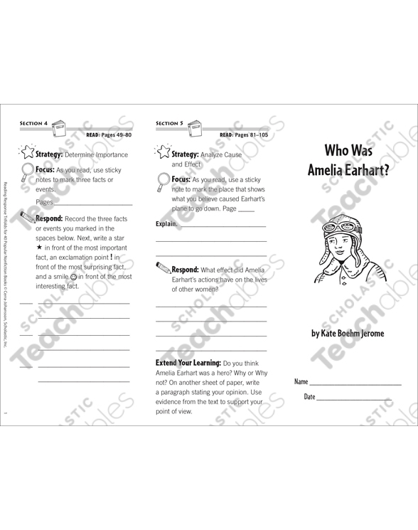 Engaging worksheet featuring Amelia Earhart to enhance reading response abilities Amelia Earhart Reading Response worksheet for second graders focusing on comprehension skills