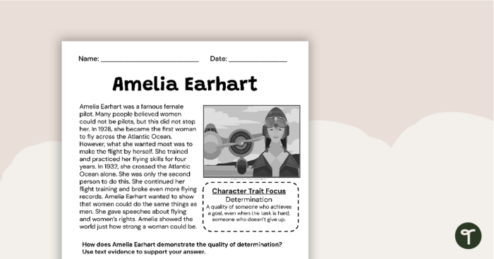 Engaging reading comprehension worksheet about Amelia Earhart for young learners Amelia Earhart Reading Response worksheet for second graders focusing on comprehension skills