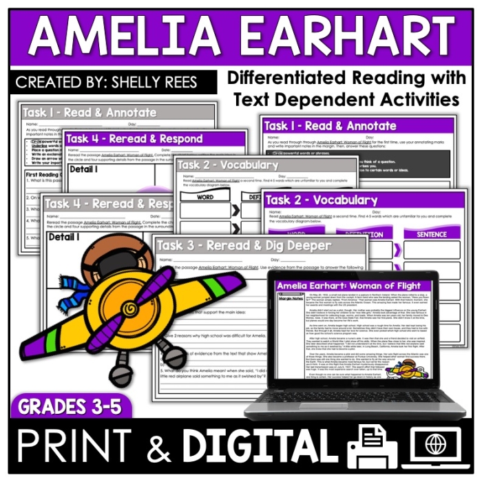 Engaging reading activity featuring Amelia Earhart for young learners Amelia Earhart Reading Response worksheet for second graders focusing on reading comprehension skills