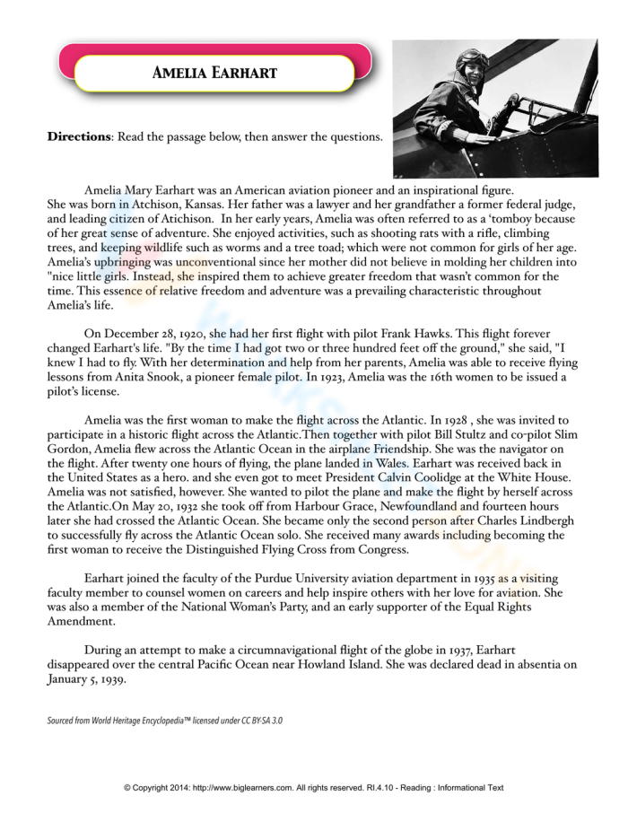 Engaging reading response activity about Amelia Earhart for young learners Amelia Earhart Reading Response worksheet for second graders focusing on historical comprehension