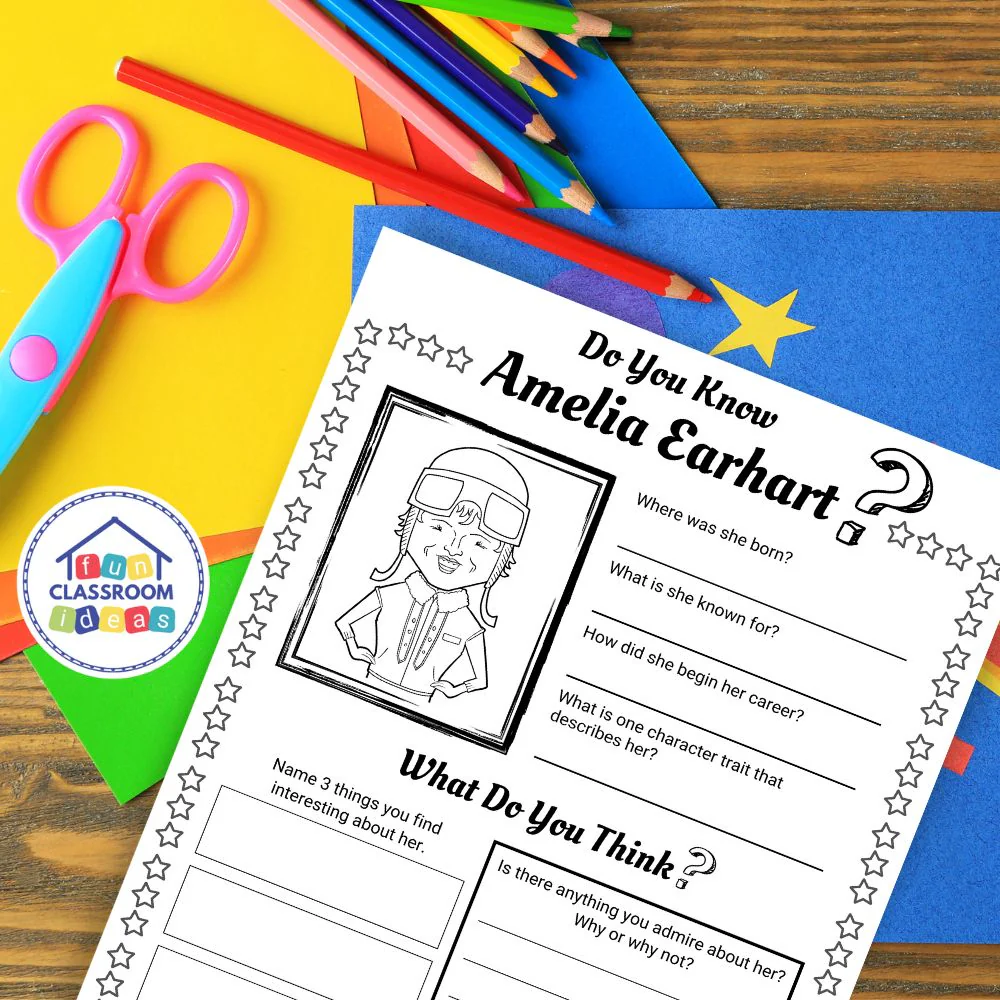 Amelia Earhart Biography Learning Page for Elementary Students Second grade students learning about aviation pioneer Amelia Earhart's biography and achievements through an educational worksheet activity