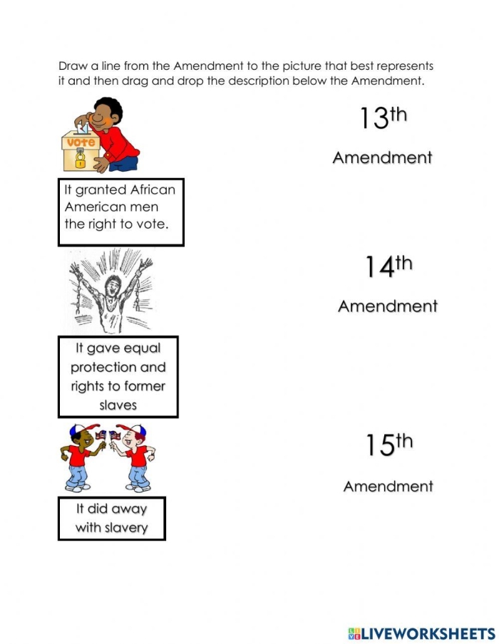 Fourth grade students answering questions about constitutional amendments on a quiz worksheet