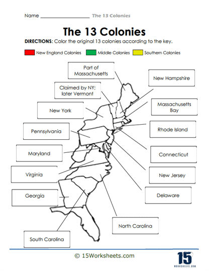Detailed worksheet for exploring the characteristics of the three American Colonies regions in the 1700s