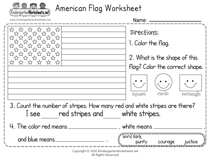 Kindergarten student counting stars and stripes on an American flag worksheet for Independence Day
