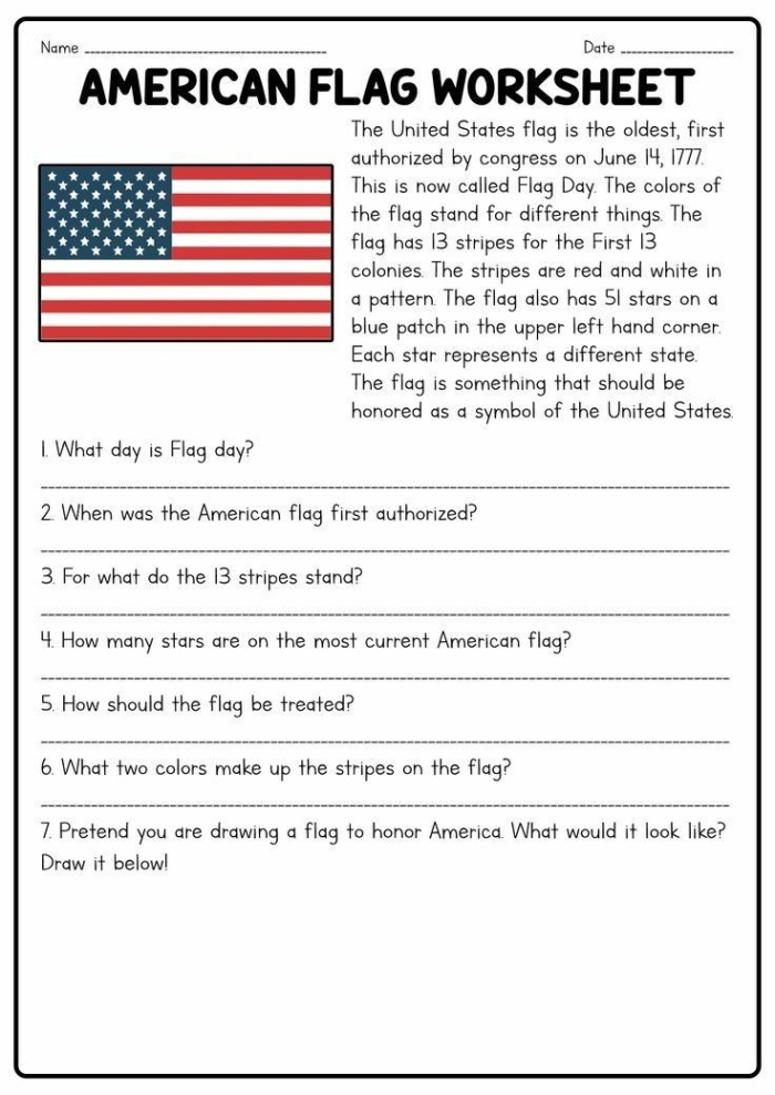 Kindergarten worksheet featuring an American Flag for counting stars and stripes
