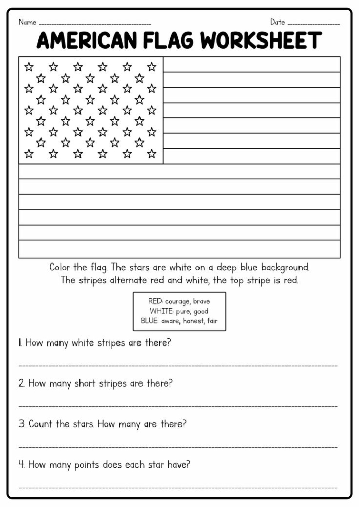Kindergarten students counting stars and stripes on a 4th of July American flag worksheet