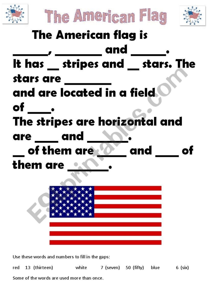 Kindergarten math worksheet featuring an American flag for counting stars and stripes