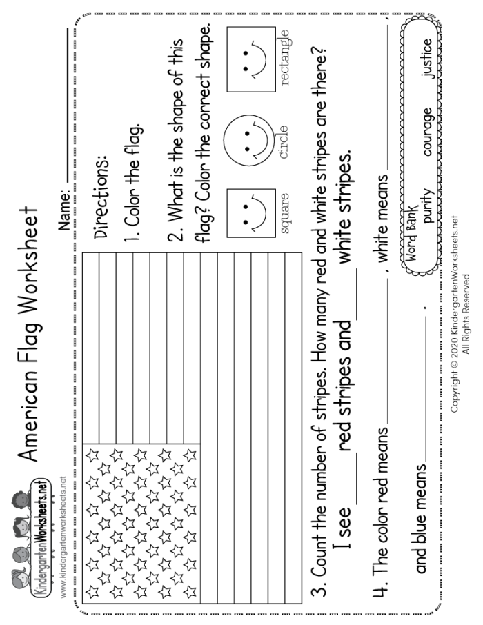 Kindergarten student counting stars and stripes on a 4th of July American flag worksheet