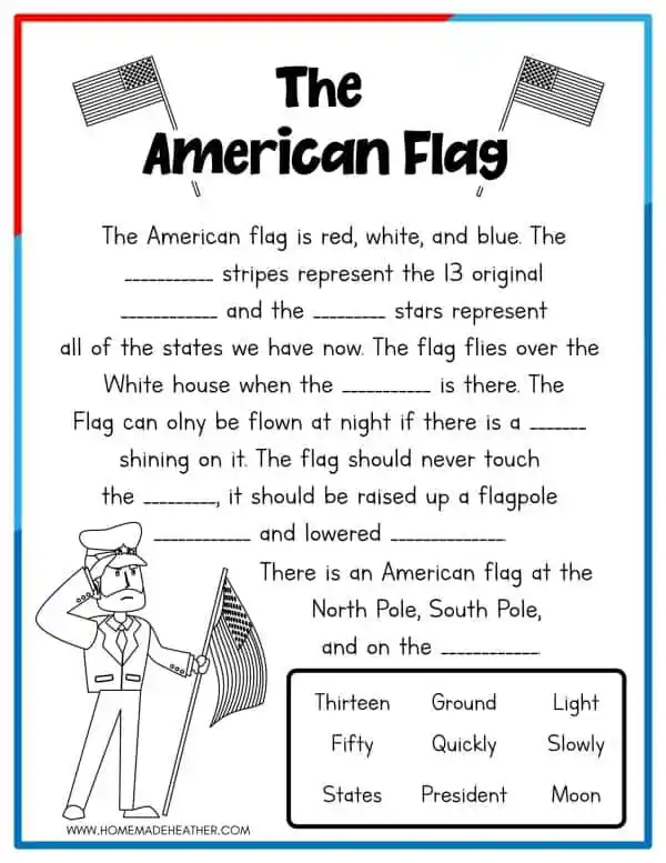 Kindergarten worksheet featuring a coloring activity where students count the stars and stripes on the American flag