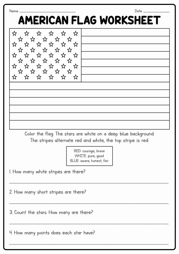 Kindergarten student counting stars and stripes on an American Flag worksheet for 4th of July graphing
