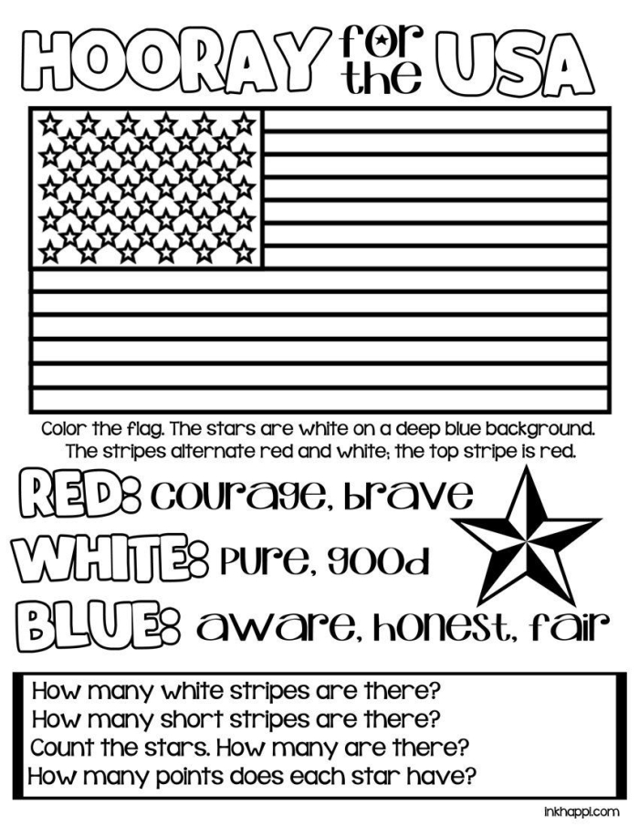 Kindergarten student counting stars and stripes on an American flag worksheet for data graphing practice