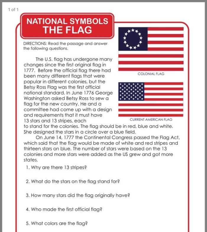 American flag history worksheet for third graders exploring social studies