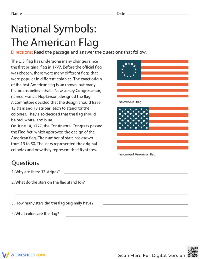 Third grade students reading a text about the history of the American flag on a worksheet