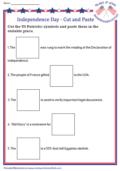 Creative writing exercise about the Declaration of Independence for fifth graders Fifth grade student completing an American Independence worksheet activity on word families