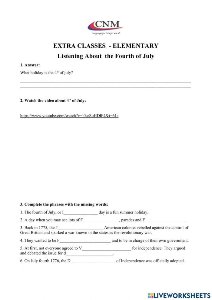Declaration of Independence creative writing prompt worksheet for elementary students Fifth grade student writing assignment worksheet for American Independence with word families activity