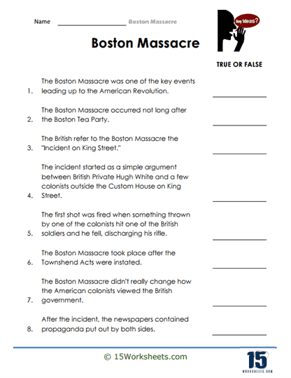 American Revolution Timeline worksheet image 6 featuring pre-Boston Massacre historical events and student comprehension questions Timeline illustration showing major American Revolution events from 1763 to 1770 leading to the Boston Massacre with dates and descriptions for sixth grade history students