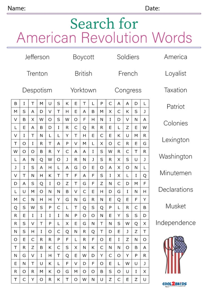 American Revolution word search worksheet featuring historic battlefields and cities