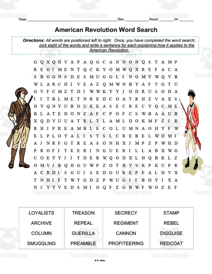 American Revolution word search worksheet featuring historic battlefields and cities