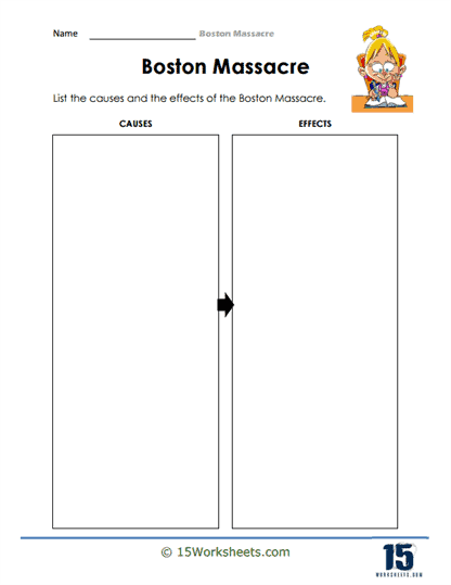 American Revolution Timeline and Boston Massacre Worksheet 13 Sixth grade worksheet featuring a timeline of American Revolution events culminating in the Boston Massacre
