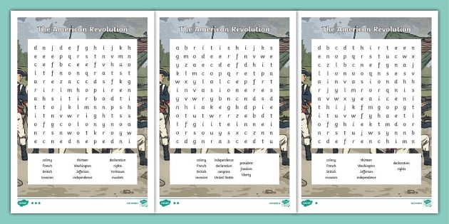 Fifth grade American Revolution word search printable featuring historic battlefields and cities