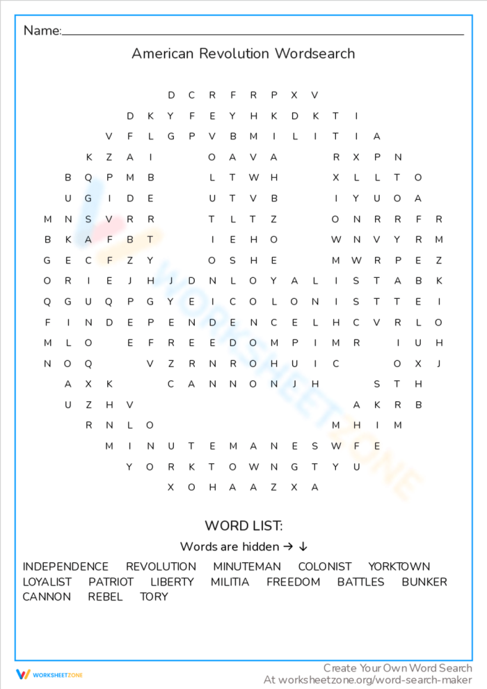 Fifth grade history printable featuring an American Revolution word search about historic battlefields and cities