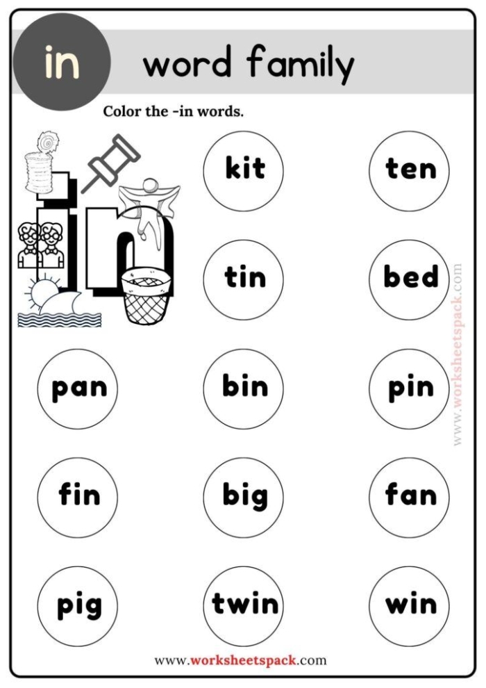 Worksheet featuring a story with four "-an" word family words for kindergarten students