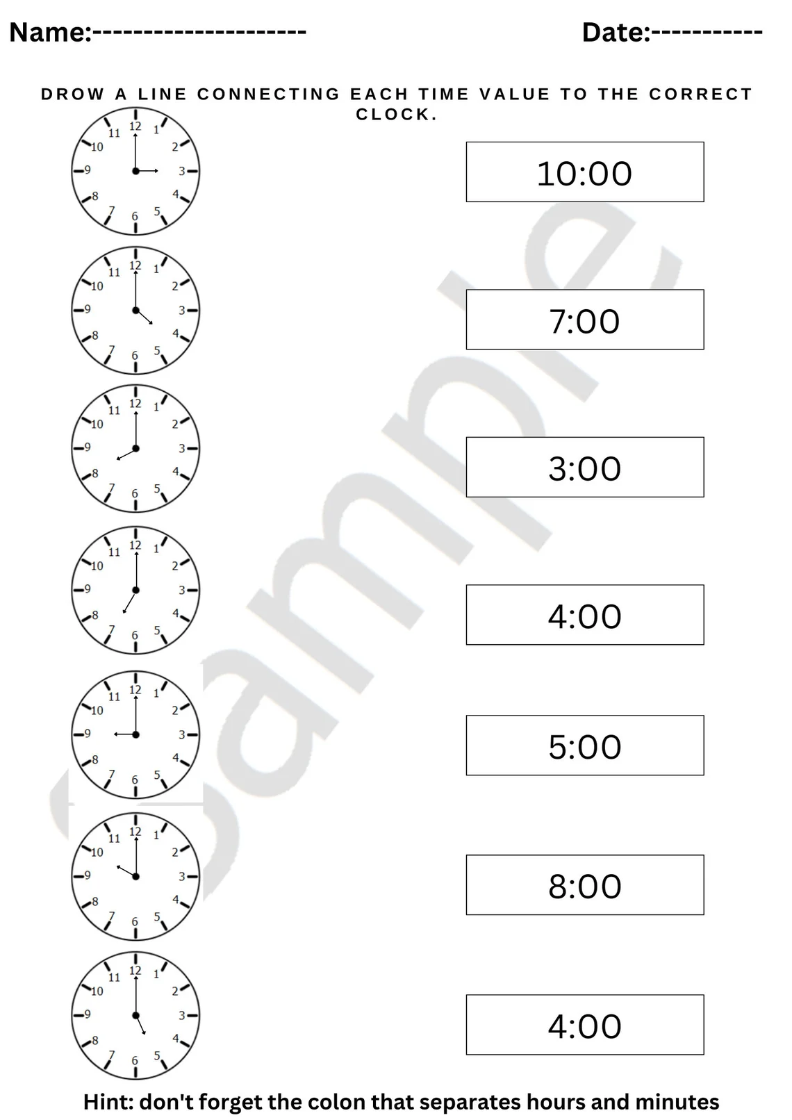 Second grade student completing a Telling Time Check-in worksheet with analog clocks set to five-minute intervals