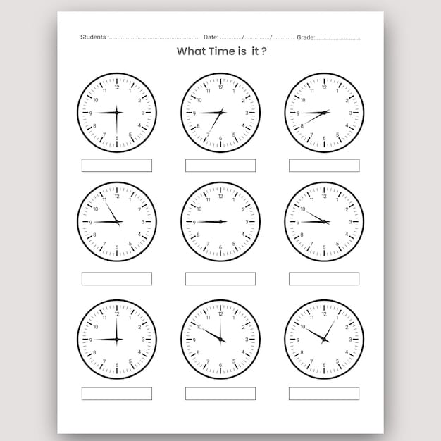 First grade worksheet for practicing telling time with an analog clock