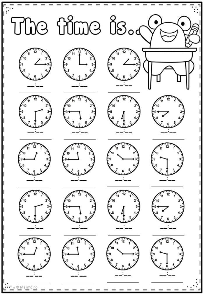 Second grade students practicing reading analog clocks to the nearest five minutes on a telling time check-in worksheet