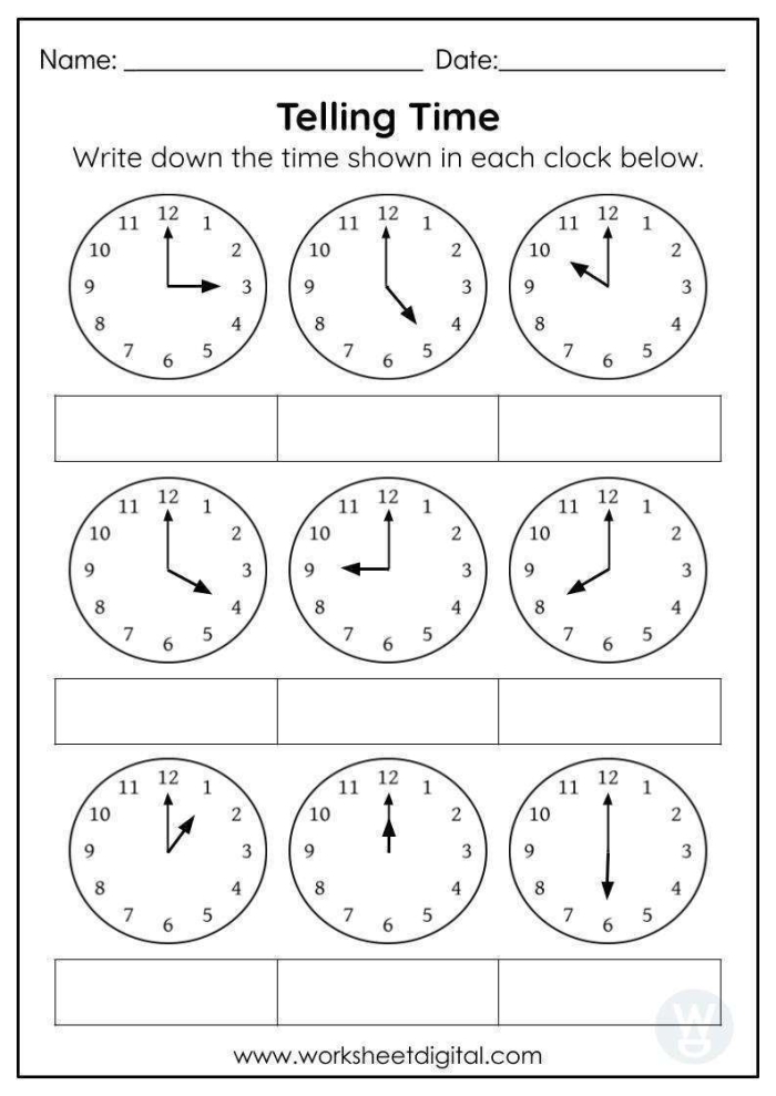 Second grade math worksheet featuring twelve analog clocks for students to practice telling and writing the time