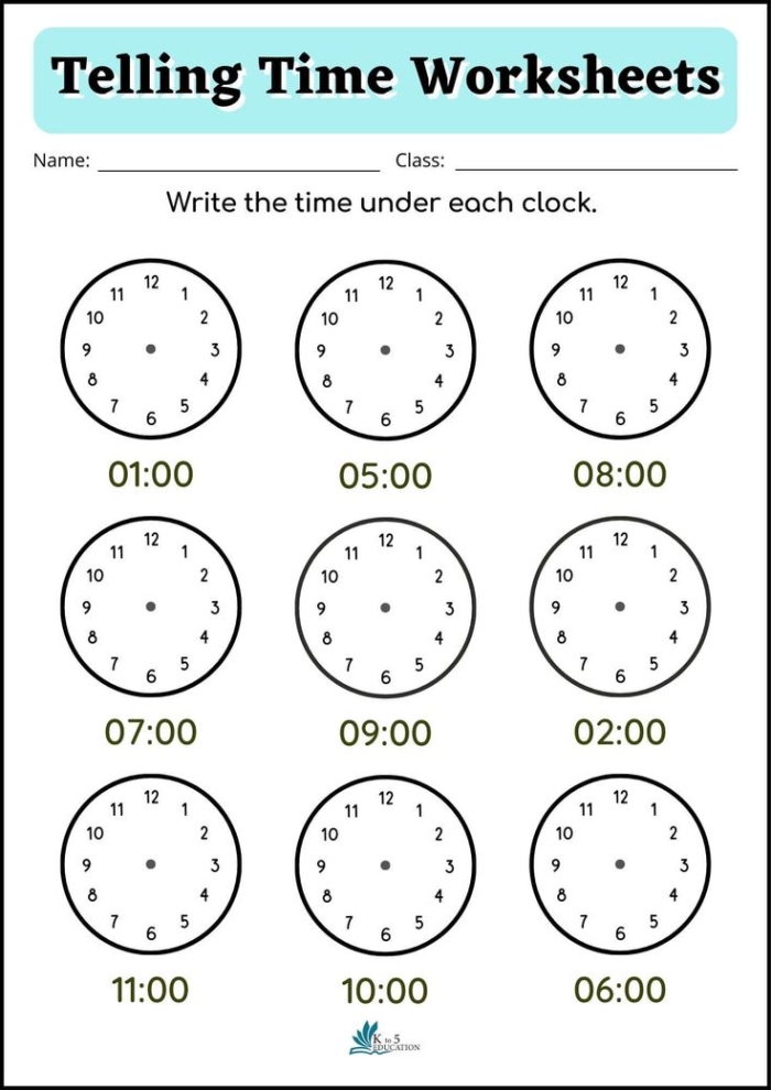 Second grade students practicing reading analog clocks to the nearest five minutes on a telling time check-in worksheet