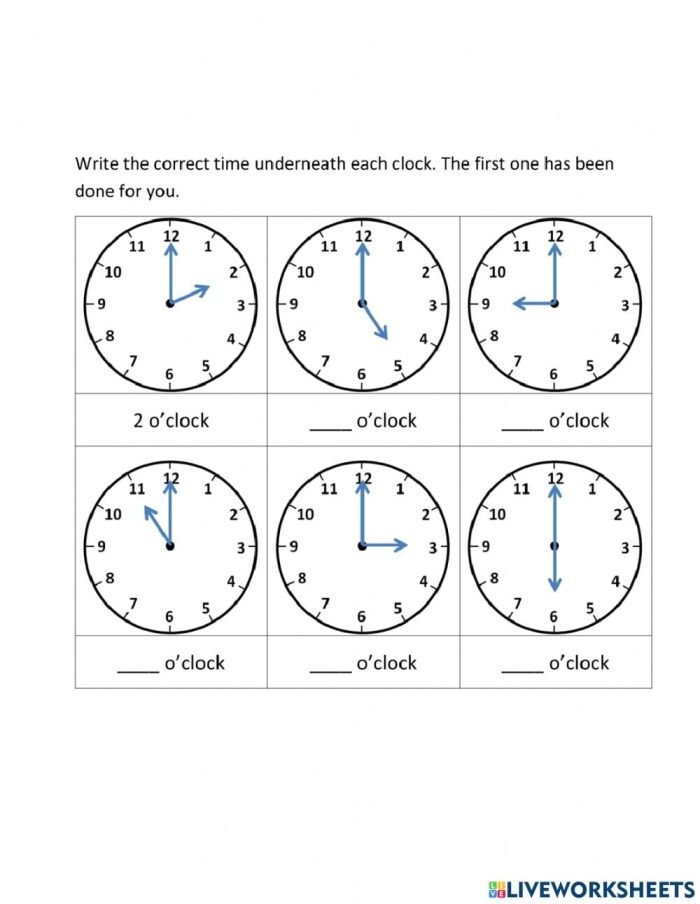 First grade student worksheet for practicing how to tell time on an analog clock