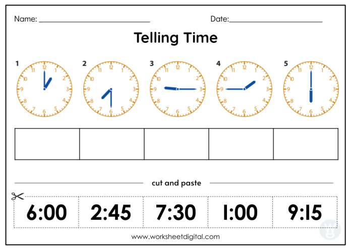 Second grade math worksheet for practicing how to tell time on analog clocks