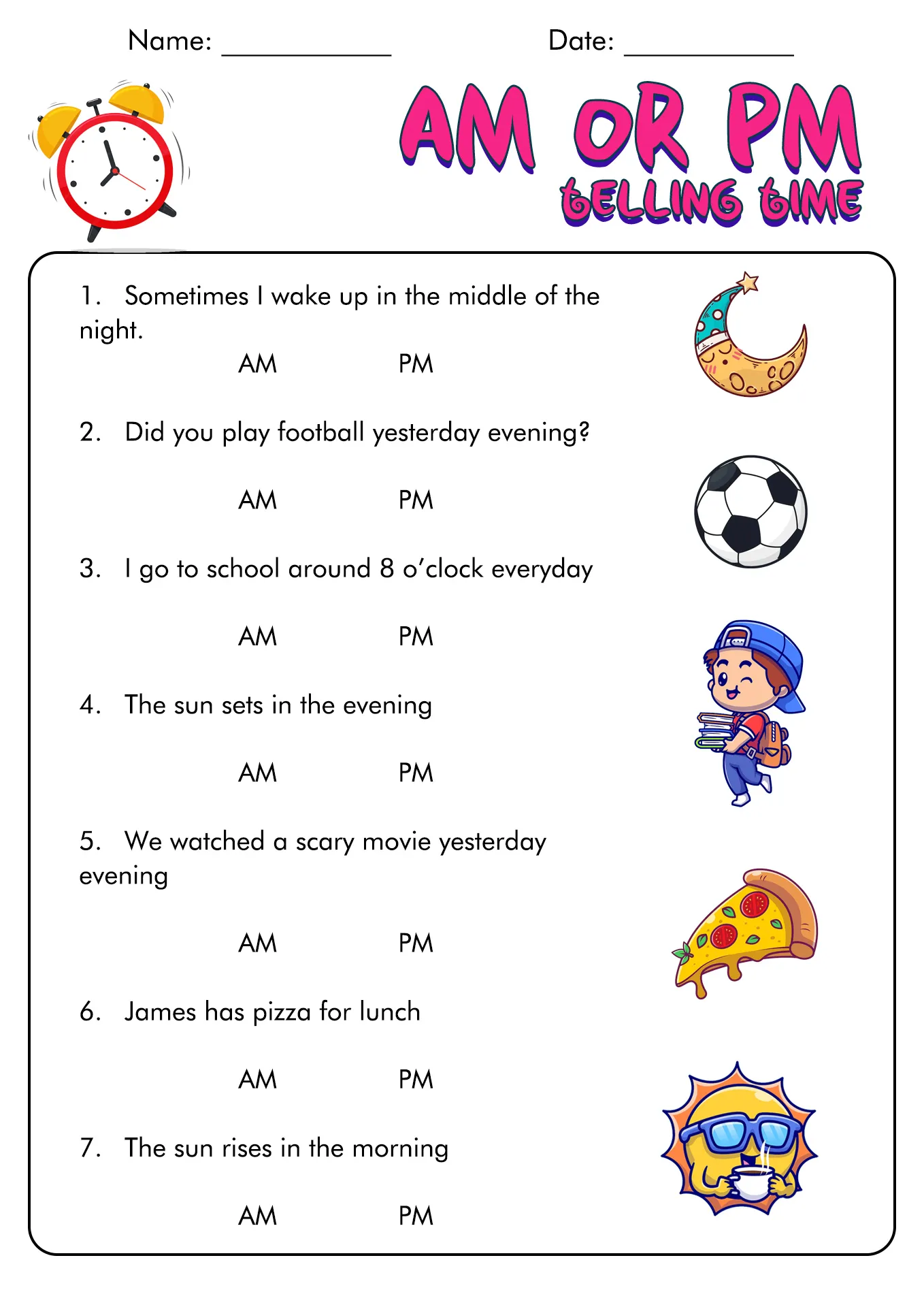 Second grade math worksheet for practicing reading analog clocks to the nearest five minutes with AM and PM labels